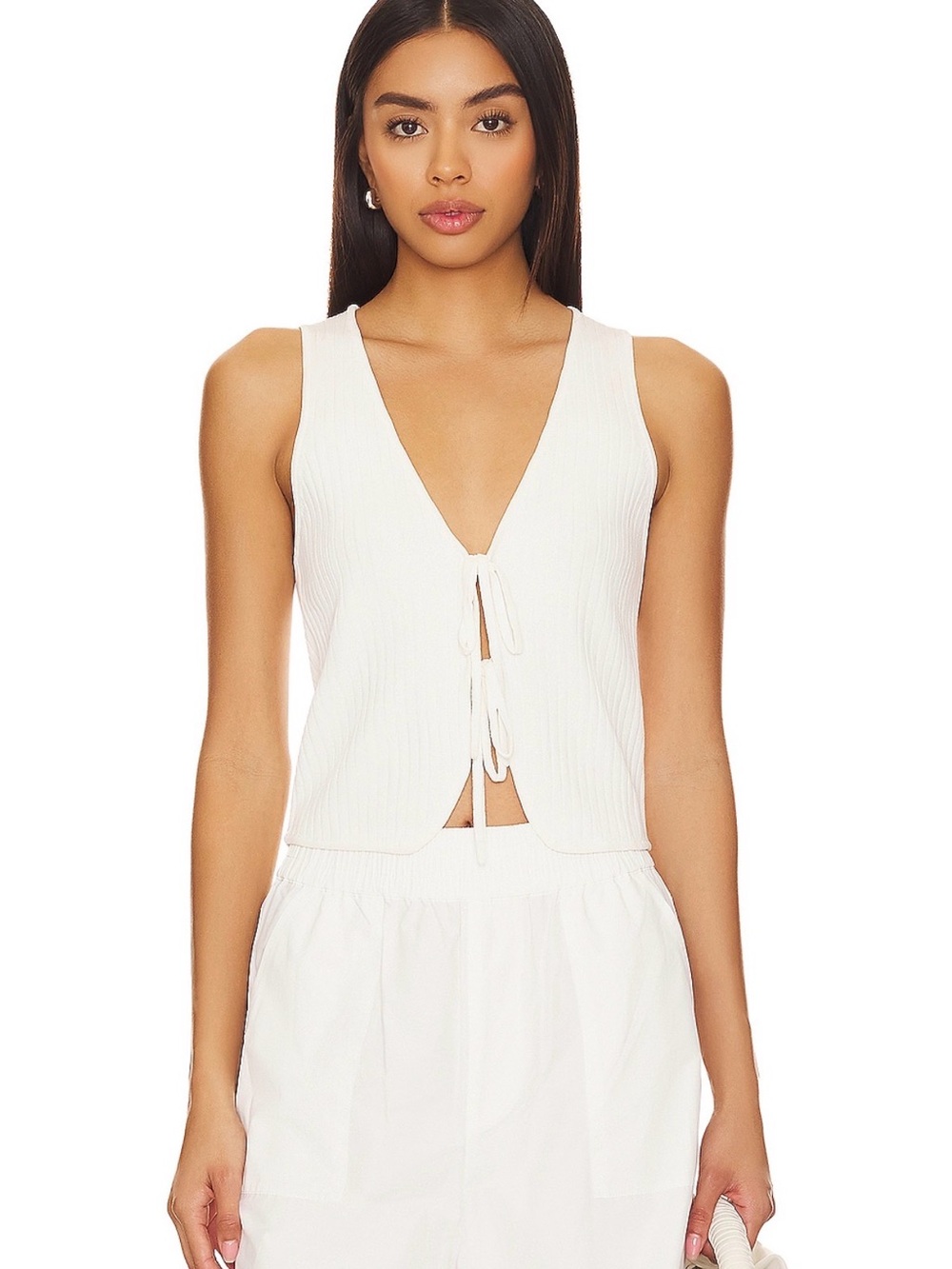 Time Out Tie Top - White Ribbed Knit